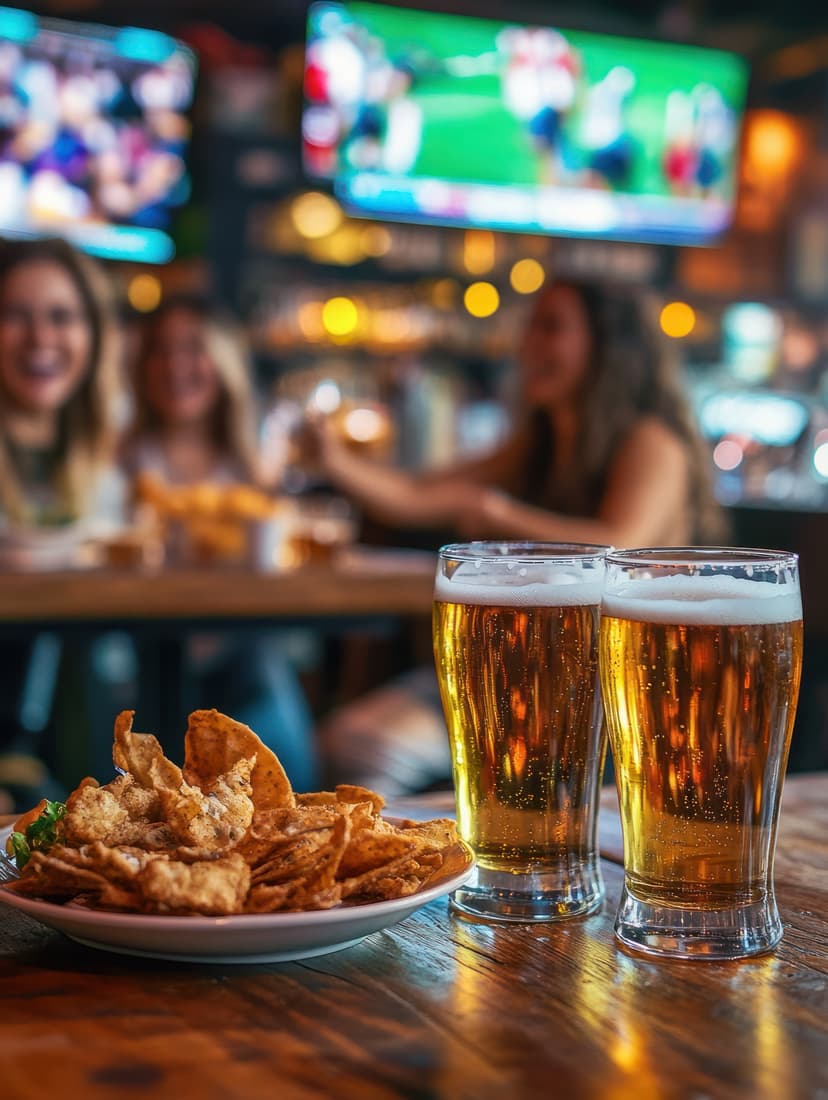 Two beers and snacks on a bar table with friends in the background